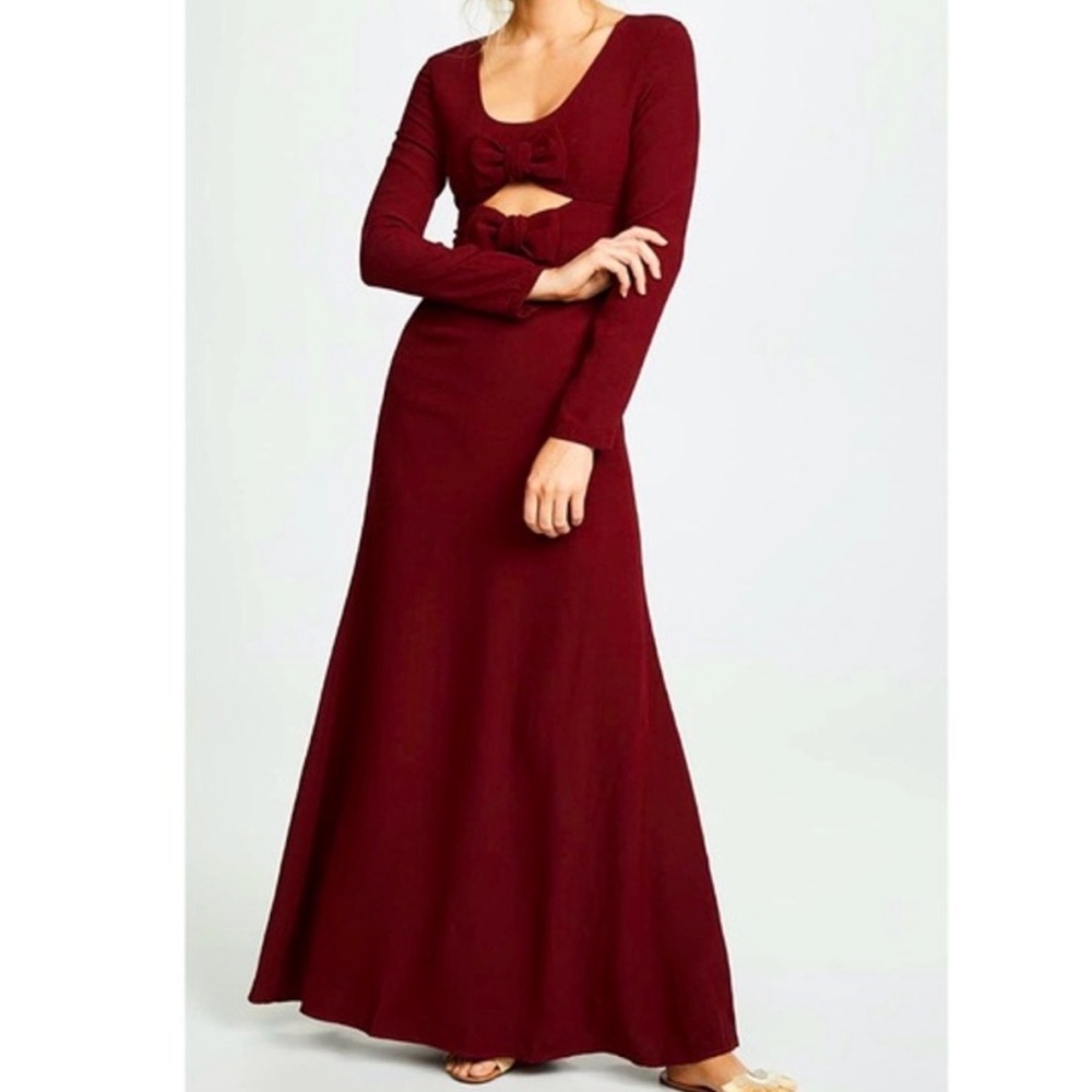 Staud Lido Womens Red Double Bow Cut Out Long Sleeve Maxi A-Line Gown Dress Sz 2